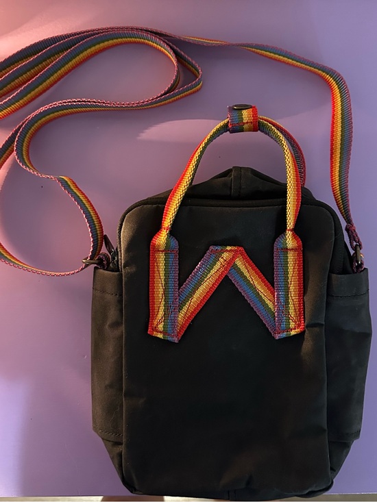 Fjallraven Kanken Black Mini Backpack with Rainbow Straps